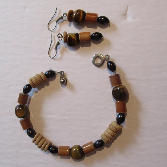 Boho Hippie, Tiger's eye & bead bracelet, earrings, set. Brown, Vintage, - Picture 2 of 8